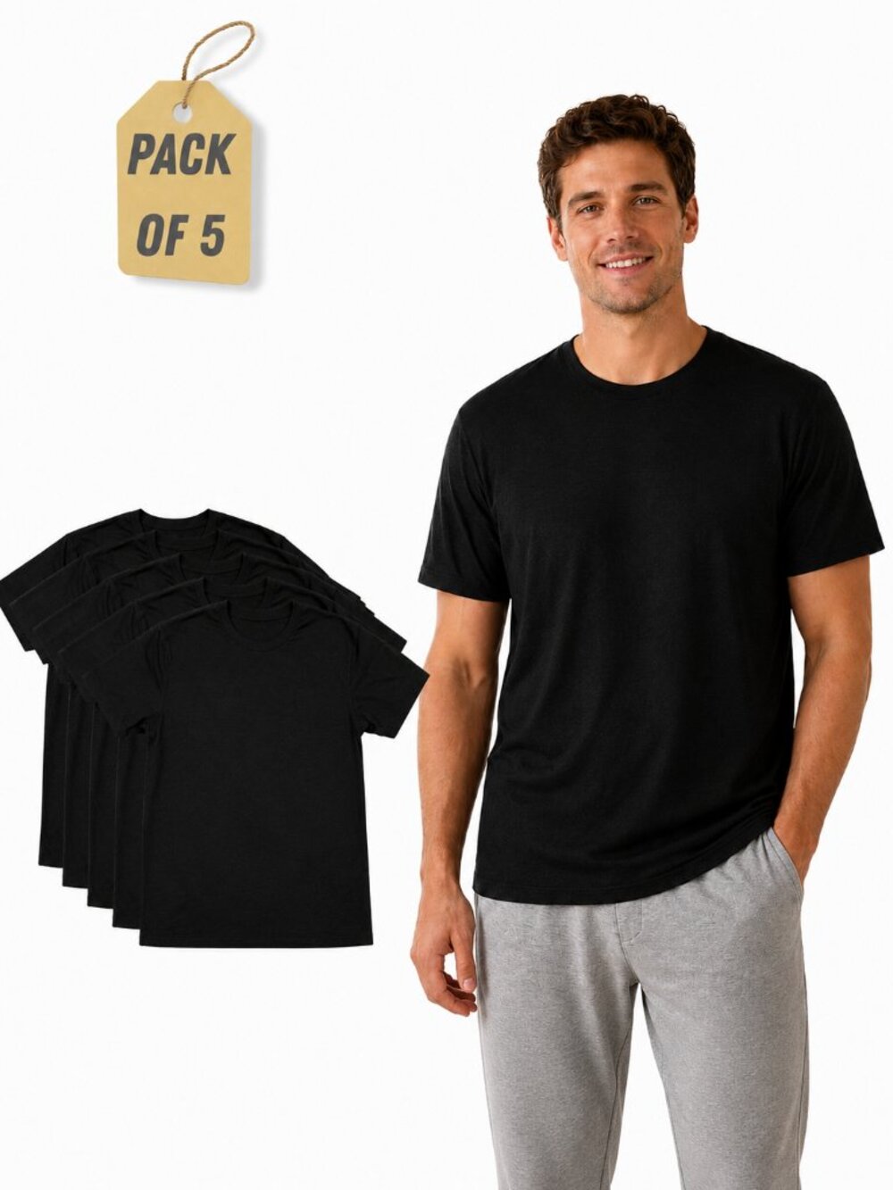 Men's 5-Pack Black Crew Neck T-Shirts Plain Basic Short Sleeve Cotton 3XL & 4XL